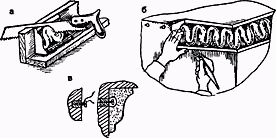 Гипсовая лепнина: а - распиловка карниза; б - крепление на гипсовом растворе; в - крепление на шурупах. 