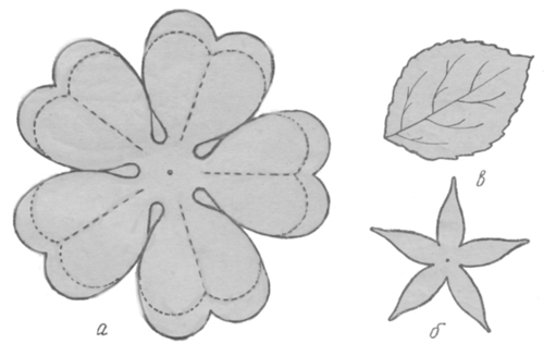 Выкройки розы: а - лепесток, б - подклейка, в - лист